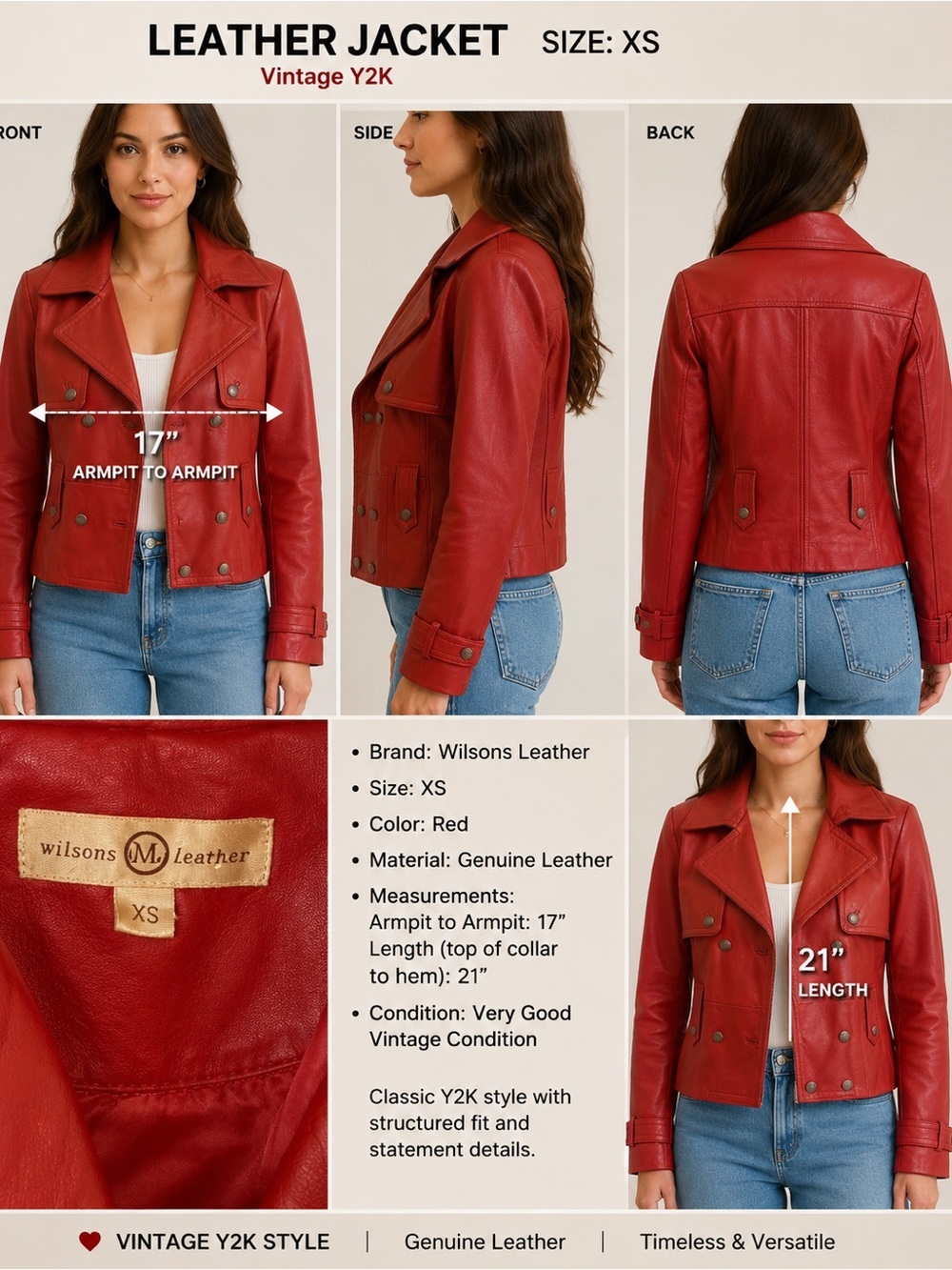 Wilsons Leather Red Genuine Leather Cropped Moto Jacket